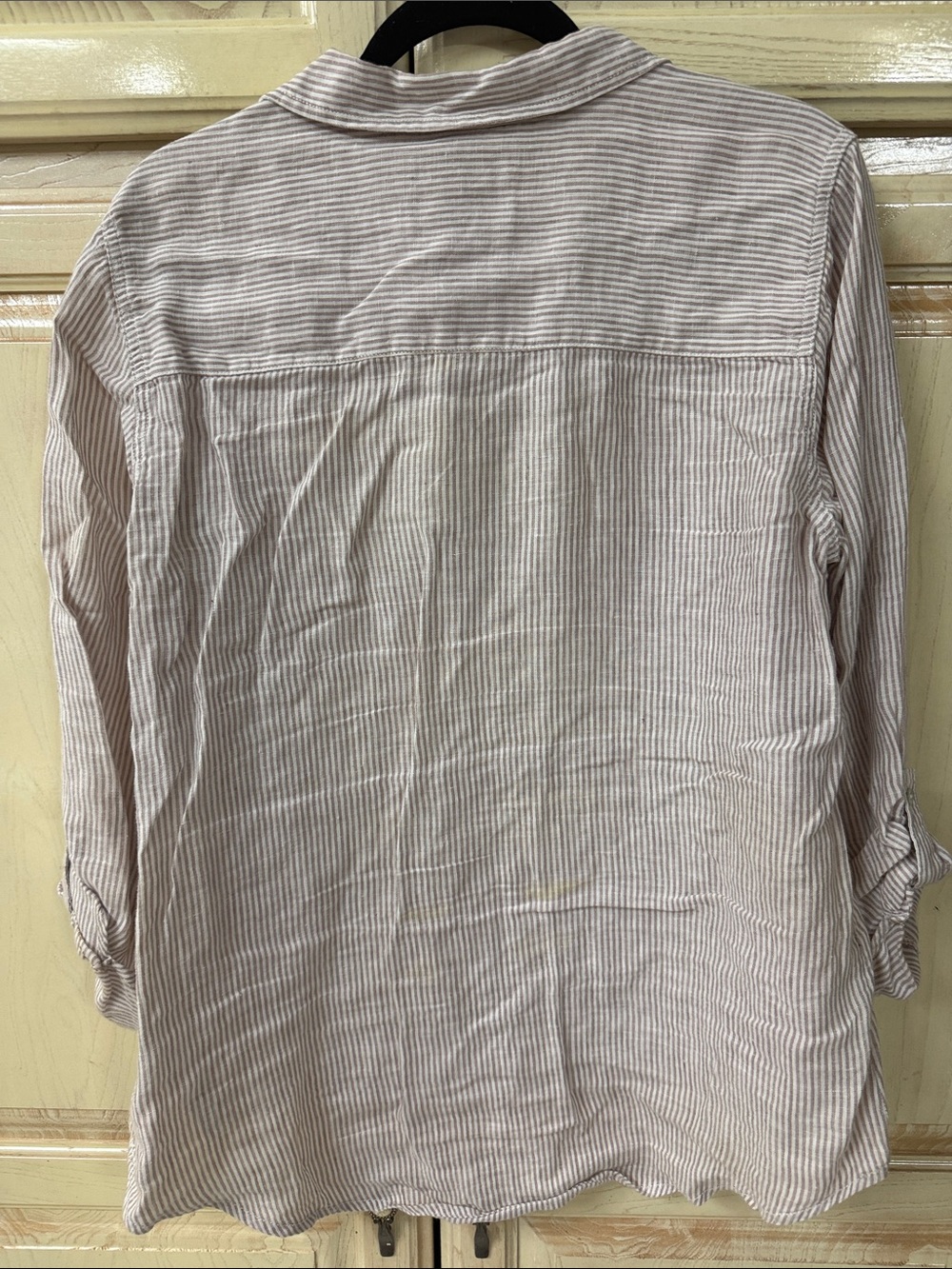 Tahari Striped Linen-Blend Henley Tunic in Beige & White - Picture 2 of 4